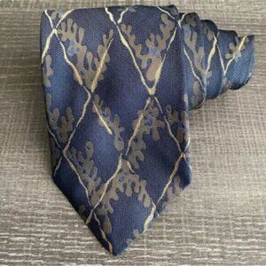 VTG Emanuel Ungaro Neck Tie 100% Silk Italian Blue Gold Brown Leaf Art Office